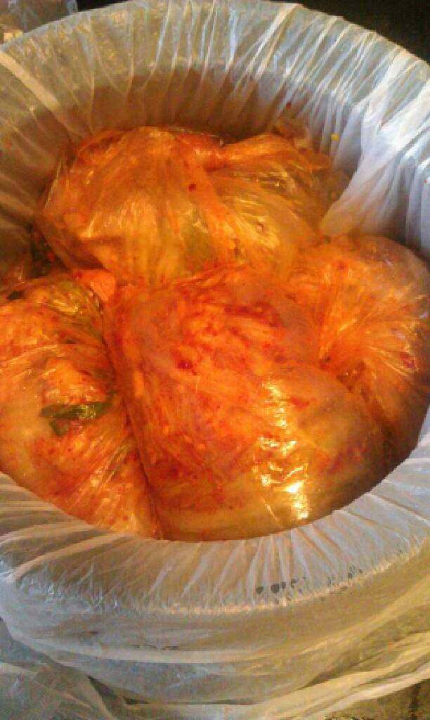 韩国泡菜,装袋，密封。天热的话三四天就可以吃啦，天冷的话一周左右