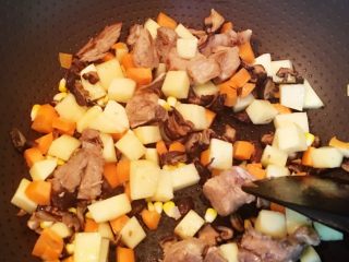 排骨土豆闷饭,加入配料炒匀，加入生抽、老抽、盐。