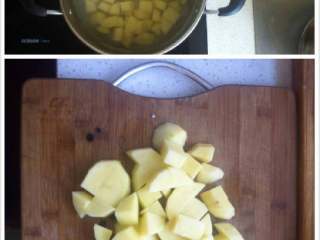 土豆烧鸡腿,将土豆切小块，放入锅中煮3分钟