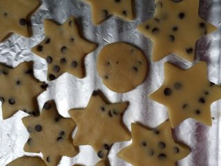 巧克力饼干,面团拿出来后加巧克力豆或葡萄干搓软，用擀面杖擀成薄片，用模型压制饼干