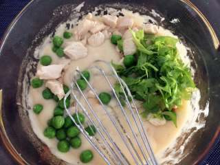 鸡肉浓汤—好浓的一碗鸡汤,加入鸡肉、豌豆、切碎的芹菜