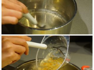 千层椰汁桂花糕,在奶锅里倒入桂花糖水，再加入细砂糖搅拌均匀，然后放置一边冷却
