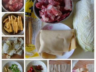 腐竹豆皮烧排骨,排骨、腐竹泡水，葱姜蒜改刀、干辣椒切段、白菜切块、豆腐皮切条打结