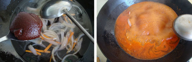 辣炒年糕,倒入适量的水，加适量的韩式辣椒酱调开，把甜不辣、白菜一起放进锅中煮开