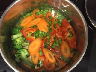 营养沙拉—健康减肥的首选,蚕豆，西蓝花，胡萝卜和红椒用开水烫熟，喜欢生吃红椒的也可以不用煮熟