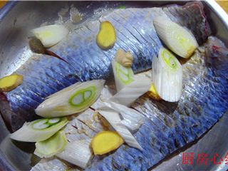 铁锅烤草鱼,放入葱姜、盐、料酒、胡椒粉，腌制一个小时最好。