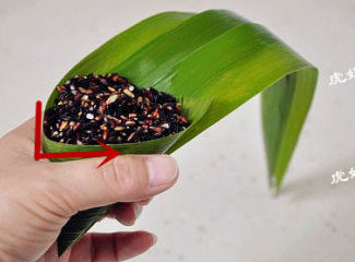 经典四角粽子包法详解，长寿米粽子 ,将苇叶按照折痕窝成漏斗状，里面装满馅料，蜜枣花生放在中间，这样煮好的粽子才甜味均匀。