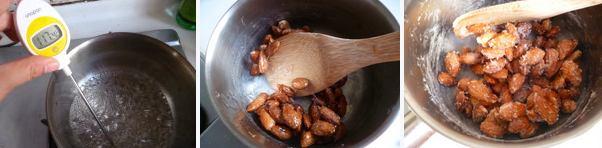 焦糖巧克力杏仁豆,砂糖混合水小火加热至115～117度后离火，加入放凉的杏仁，用木勺快速翻拌至糖浆结晶。