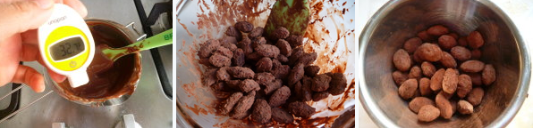 焦糖巧克力杏仁豆,最后把巧克力杏仁豆分成两份，分别撒上糖粉和可可粉，用筛子筛去多余的糖粉/可可粉即可。