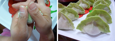 鲜美多汁的白菜水饺~~,包入适量内馅后，用虎口捏紧边缘并同时向里按压即成。