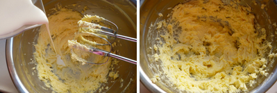 #八珍盛宴#爱心奶油曲奇～～,分2到3次加入鲜奶油（回温后），用电动打蛋器低速搅拌，每次完全被吸收后继续加入至全部被吸收，这时奶油的颜色会变浅，体积会略微增大。