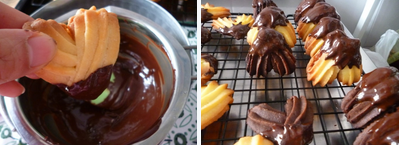 #八珍盛宴#爱心奶油曲奇～～,最后把组合好的曲奇饼干浸入隔水融化的黑巧克力中，等巧克力晾干即可。