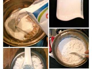 中原雪花糕《椰奶糕》,将椰浆牛奶，玉米淀粉粘米粉和葛根粉放进锅里，加水搅拌至无颗粒