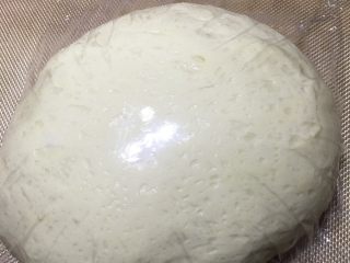 蔓越莓奶酪软面包,由于水量比较大，面团粘性较大，用面包机揉至接近扩展阶段时，被我直接抓出来，在案板上手工揉并摔打出筋，直到扩展。随后盖上保鲜膜第一次发酵。
 