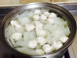 冬瓜丸子汤,锅中加入适量水烧开后，放入冬瓜片，再次开锅后，将鸡脯肉泥用小勺舀成小丸子，下入锅中。