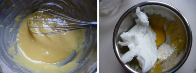 水玉点点~~彩绘蛋糕卷,另取一小碗放入一个蛋白和一小撮玉米淀粉后用电动打蛋器搅拌至尖角状，取约三分之一的打发蛋白+1/4t低筋面粉+1/2T蛋黄面糊搅拌均匀。