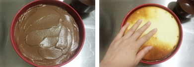 下不下雨巧克力和覆盆子都很配——巧克力覆盆子鲜奶油蛋糕,将巧克力慕斯糊倒入第2片海绵蛋糕片上抹平，盖上第3片蛋糕片，冷藏3小时以上使慕斯部分完全凝固