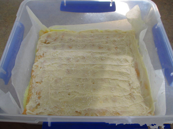 香草卡仕达方块——Vanilla Custard Squares ,搅拌至顺滑，然后抹在酥皮表面。我在糖霜上有撒了些椰子碎。盖上盖子，放入冰箱直至卡仕达定型，取出切块。