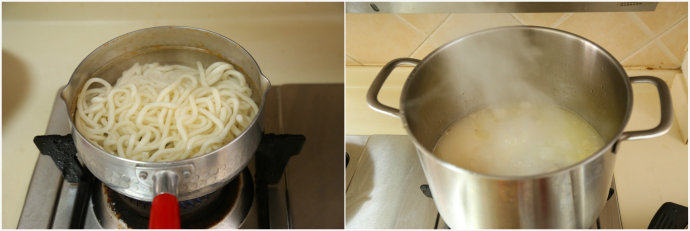 教你如何在家做一碗高颜值的［海鲜乌冬面］,煮面和把汤加热同时进行。