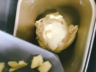 超级松软的牛奶小餐包,加入切成颗粒状的黄油，再次和面30分钟左右，出膜即可！