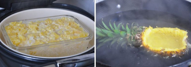 菠萝季独有的椰浆菠萝糯米饭 ,将菠萝壳放滚开的水里焯烫至菠萝叶变得碧绿就赶快拿出，这样既好看还能给菠萝碗杀菌消毒。