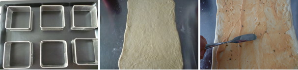 肉松面包卷~~,把松弛后的面团擀开成大片的长方形，表面抹千岛酱，撒满肉松（注意底部空出一小段）由上而下卷起，接口处捏紧之后用利刀均分成7等分。