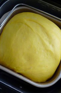 多汁熟粉南瓜面包 ,揉至面团能拉出薄膜后，盖上面包机的盖子其发酵至原来的两倍大。