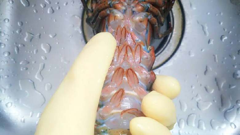 芝士焗龙虾,首先，是最虐心的环节，给龙虾放尿，胆小女生勿入！用筷子插入龙虾的底部尿口，多捅几次，让它把尿排干净