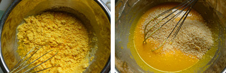 玉米粉戚风蛋糕,加入熟白芝麻和白芝麻粉拌匀即成蛋黄面糊。
