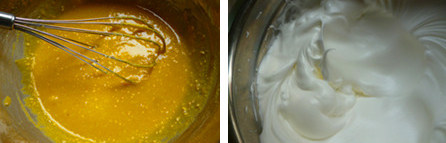 玉米粉戚风蛋糕,蛋清搅打至起粗泡后分三次加入细砂糖搅打至湿性发泡。