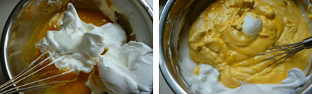 玉米粉戚风蛋糕,取一小部分打发蛋清与蛋黄面糊先行拌匀后再倒回盛放蛋清的大盆里，以切拌的方式搅拌均匀，最后加入玉米粒拌匀即成蛋糕面糊。