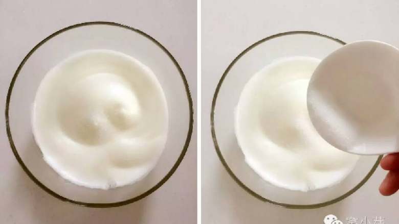 芝麻牛奶华夫饼,提至中速继续打发，打到蛋白起泡逐渐均匀时，此时蛋白起泡已比较均匀（左侧图片），再加入1/3的糖。