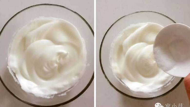 芝麻牛奶华夫饼,然后高速继续搅打到有点纹路，蛋白霜已经比较细腻（左侧图片），加入最后一部分糖继续搅打。