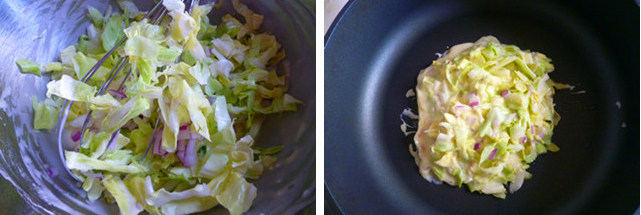 快手小食日式大阪烧,加入蔬菜丝拌匀，使每片菜叶上都挂上粉浆。