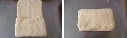 芝士面包派~~~~~芝士与面包的亲密接触,把芝士内馅如图放在面团中间，两边往中间折起接口处捏紧，把面团纵向擀开后三折。