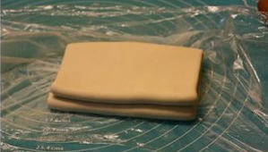 【法式酥皮】,将长方形的面团4折，用保鲜膜包好放进冰箱冷藏静置1小时。