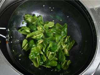 干煸肥肠,锅里放入一些油，放入辣椒块，煸炒至表面略起虎皮。