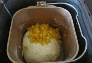 体会不一样的口感----绿茶蛋糕面包, 加入黄油和少许玉米粒，再启动一个和面程序20分钟，拿出来后放入冰箱中冷藏发酵；