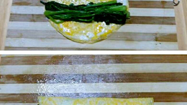 菠菜鸡蛋卷+#挑战鸡蛋的100种做法#,摊上菠菜卷紧。