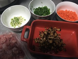 糯米烧卖,肉剁碎，香葱分开葱白切好，胡萝卜切丁，香菇泡发后切丁