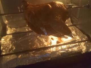 烤全鸡,取出，将鸡刷一遍蜂蜜与醋调的蜂蜜水，翅尖腿尖部分用锡纸包住，以免烤黑烤焦。继续烤15分钟，即可。（我的烤箱是长帝TRTF32,大家可根据自己家的烤箱温度来做调整）