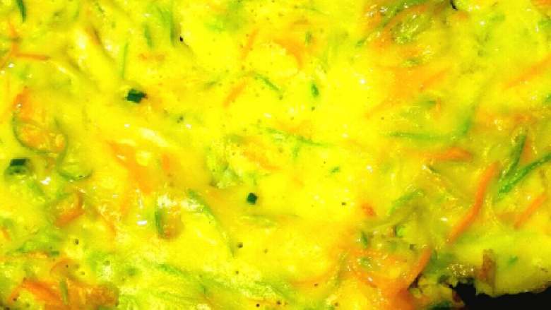茭瓜胡萝卜鸡蛋饼+#春意绿#,小火煎至表面凝固后可以翻面，且饼皮不会被翻破