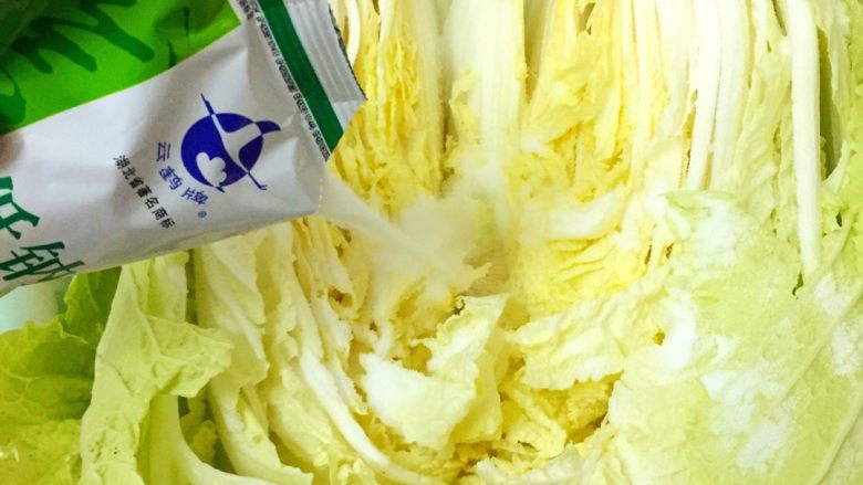 Diy 正宗韩国辣白菜,在每一片叶子中间均匀撒上低钠盐，腌制12小时以上。
