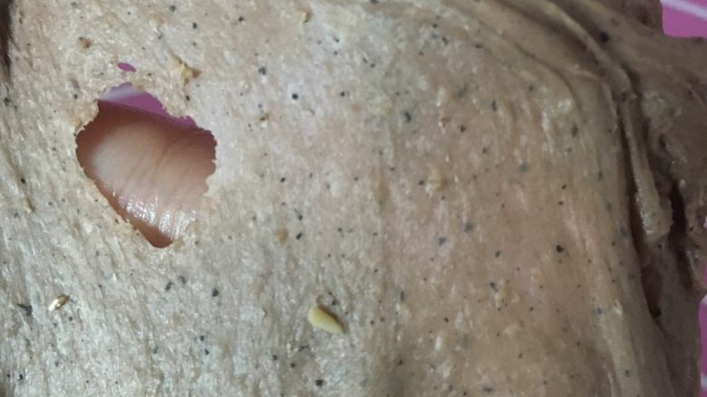 干果软欧包,因为加了全麦面粉，不可能揉出手套膜，差不多这样也就可以了