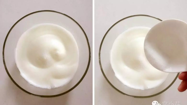 宝宝辅食：啊呜一口，入口即化的棉花蛋糕！,二、蛋白霜制作
2、提中高速继续打发，打到蛋白起泡逐渐均匀时，此时蛋白起泡已比较均匀（左侧图片），再加入1/3的糖。