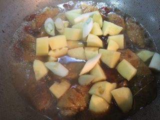 「吃货久久」红烧土豆鸡翅,水沸腾后一分钟倒入土豆 大葱（葱白段）少许盐 稍微搅拌一下盖上盖 继续小火炖