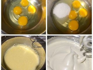 圣诞杯子蛋糕,全蛋加入白糖（1）隔温水打散，等待蛋液温度高于手的温度时停止隔水打发。高速打发至鸡蛋液浓稠，转中速打发到蛋液膨胀，颜色发白，低落时可留下痕迹时，转低速打掉大的气泡