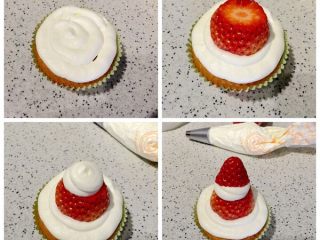 圣诞杯子蛋糕,蛋糕（1）：先在蛋糕上挤一层奶油，草莓去蒂在三分之一处切开放在蛋糕上，在草莓上挤一小坨奶油再把刚刚切好的另一部分盖上来当做小帽子，再用牙签沾一点奶油当做帽子上的小球和胡子，然后用芝麻做圣诞老人的眼睛（忘记拍照了）第一款圣诞杯子蛋糕就做好啦！