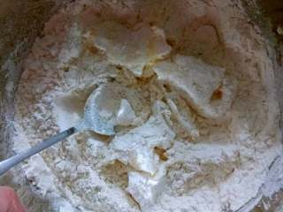 椰丝排,把奶粉放入和低筋面粉一起搅拌