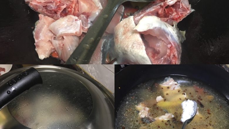 家庭版水煮活鱼,将鱼头，鱼排放入锅中翻炒，盖上锅盖焖8分钟；然后开始加水，加适量的盐，盖上锅盖，等水沸腾